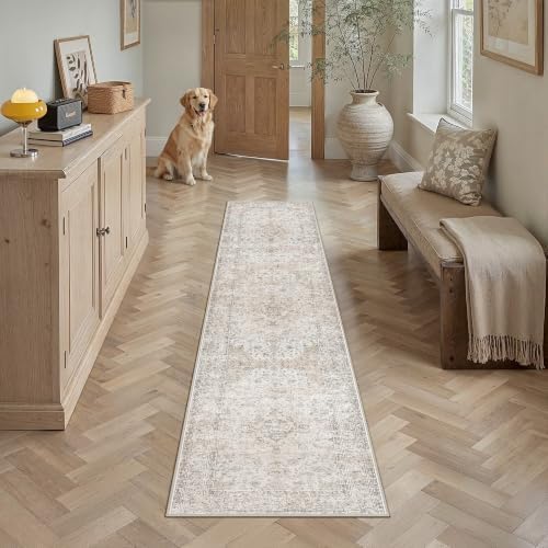 2'6x8 Washable Runner Rug Beige Grey Non Slip Vintage Carpet by WondRg