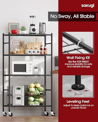 Sakugi 4-Tier Storage Shelves 33.1" x12.6" x58.9" Black with Wheels - Image 4