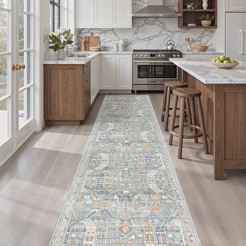 Madane Washable Runner Rugs 2x10 Long for Hallway Kitchen, Blue/Gold - Image 2