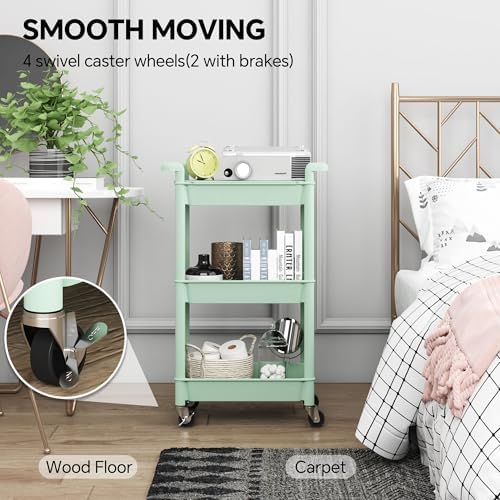 Steehoom 3-Tier Utility Rolling Cart with Cover Top Board, Mobile Utility Cart with Lockable Casters Multi-Functional Storage Trolley for Office, Bathroom, Kitchen, Garden, Laundry Room (Green) - Image 6