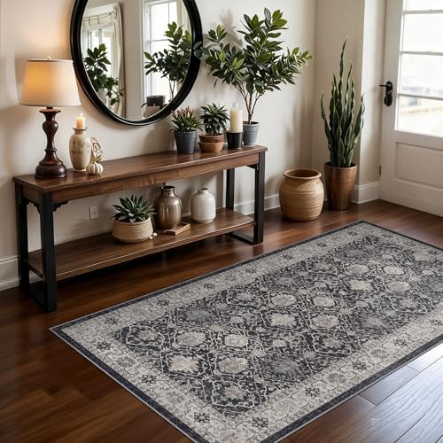 Washable 3x5 Entryway Area Rugs: Ultra Soft Low Pile Carpet for Kitchen Nursery Indoor Light-Weight Doormat Anti-Slip Cozy Rug for Living Room Bedroom Small Vintage Floor Mat Home Decor(3x5,Black) by HYHAOYUNLAI