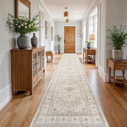 3x20 Washable Hallway Runner Rug - Non-Slip Vintage Kitchen Rugs Beige Gray by Puino