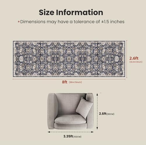 AMADA HOMEFURNISHING 2'6"x8' Washable Area Rug, Low-Profile Entryway Rug with Non-Slip Backing & Durable Edge Binding, Vintage Rug Pattern, Small Rugs for Entryway, Kitchen & Living Room - Image 2