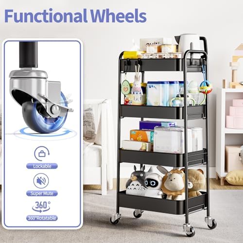 TOOLF 4 Tier Metal Rolling Cart, Utility Storage Cart with Wheels, Black | Screwless Assembly, Lockable Metal Wheels, Trolley Organizer for Bathroom, Kitchen, Office, Dorm, Laundry, Craft Room - Image 4