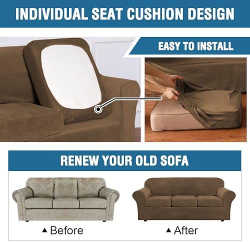 H.VERSAILTEX Modern Velvet Plush 4 Piece High Stretch Sofa Slipcover Sofa Cover Furniture Protector Form Fit Thick Velvet Sofa Cover for 3 Cushion Couch Width Up to 90 Inch (Sofa, Bronze Brown) - Image 6