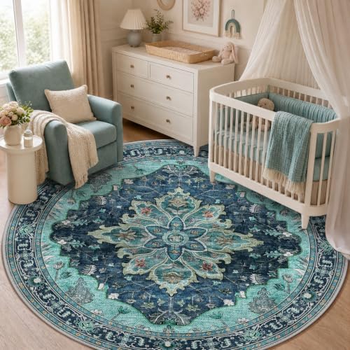 RELEANY Washable Area Rug, Round 5ft, Teal by RELEANY