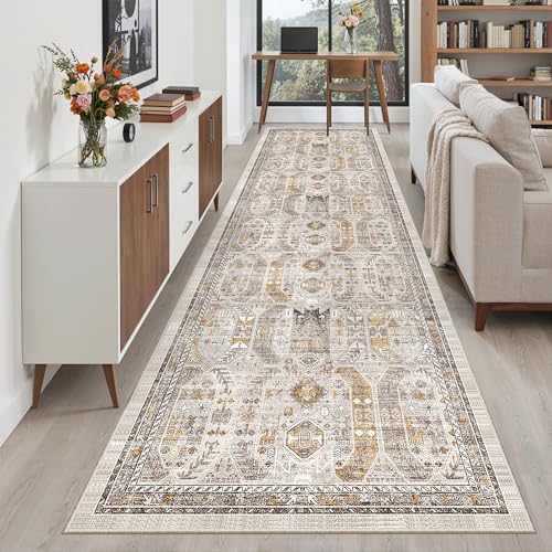 Madane Hallway Runner Rug 3x12 Washable Kitchen Runners 12ft, Brown/Gold by Madane