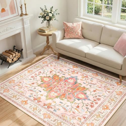 RELEANY Washable Area Rug, 4'x6', Pink/Light Pink/Colorful - Image 2