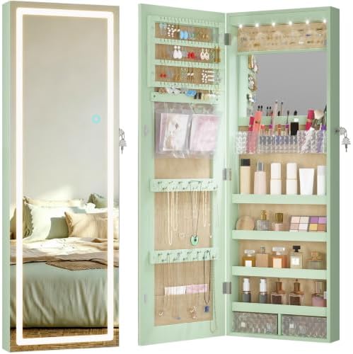 LVSOMT 42.5" Wall Mounted Jewelry Organzier with LED Mirror, Green by DecorateHomeatEase