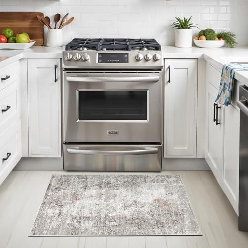 2x3 Washable Non-Slip Area Rug - Soft Low Pile Throw Rug for Kitchen Entryway Bedroom - Modern Indoor Door Mat with Rubber Backing (Beige Grey) - Image 3