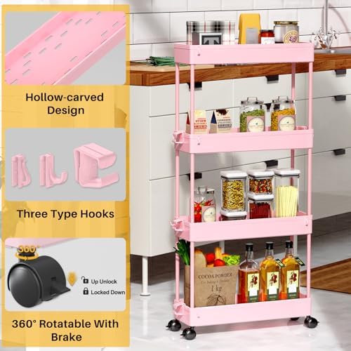 SPACEKEEPER Slim Rolling Storage Cart, 4 Tier Bathroom Cart Organizer, Pink - Image 7