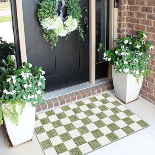 Front Door Mat Outside Entrance 2x3 Green White Checkered Rug - Image 4
