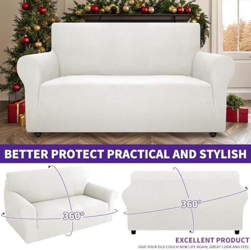 ZNSAYOTX Super Stretch Couch Cover Love Seat Sofa Covers for Living Room Dogs Pet Friendly Furniture Protector Spandex Loveseat Slipcovers with Anti Slip Foam Sticks (White, Loveseat) - Image 2
