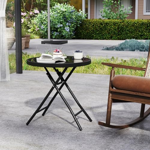 GIANTEX Folding Side Table w/Tempered Glass Tabletop & Metal Frame, Black - Image 2