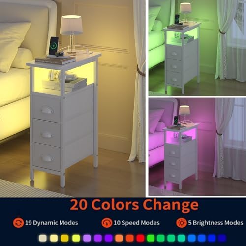 shtmec Narrow End Table Set of 2 with Charging Station, LED Side Tables Set 2 with Fabric Drawers, Small Bedside Tables Nightstands for Small Space, Slim Sofa Couch Table for Livingroom, White - Image 6