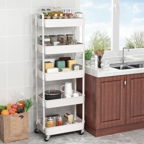 Sywhitta 5-Tier Plastic Rolling Utility Cart with Wheels for Storage,White - Image 4