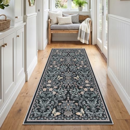 Puino 3x7 Washable Runner Rug - Non Slip Small Rugs Floral Dark Blue by Puino
