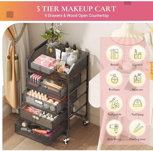 Goovilla Rolling Makeup Organizer Cart with Drawers, 5 Tier Metal, Black - Image 2