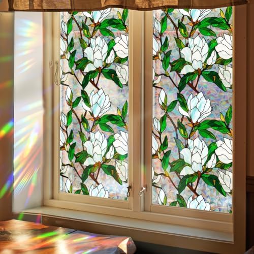 GORGECRAFT 39.4x17 Inch White Flower Rainbow Window Privacy Film 3D Stained Glass Decorative Sun Blocking UV Resistant Non-Adhesive Reusable Sticker by GORGECRAFT