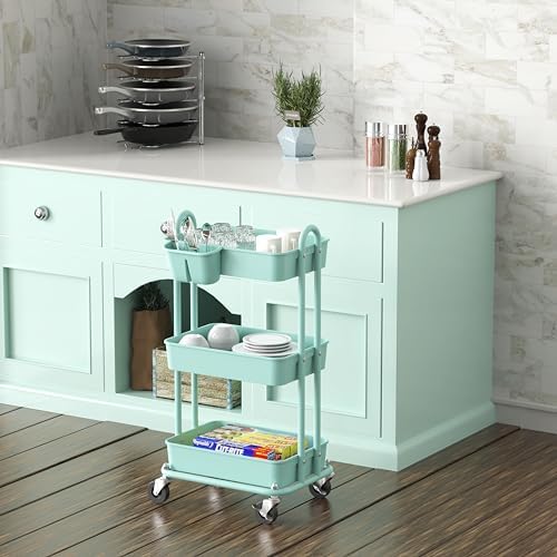 Simple Houseware 3-Tier Rolling Utility Cart with Hanging Bucket, Turquoise - Image 5