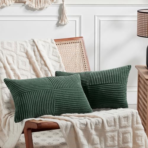Fancy Homi Set of 2 Dark Green Lumbar Decorative Throw Pillow Covers 12x20 Inch for Living Room Couch Bed, Boho Farmhouse Forest Green Home Decor, Soft Corduroy Corss Patchwork Cushion Case by Fancy+Homi
