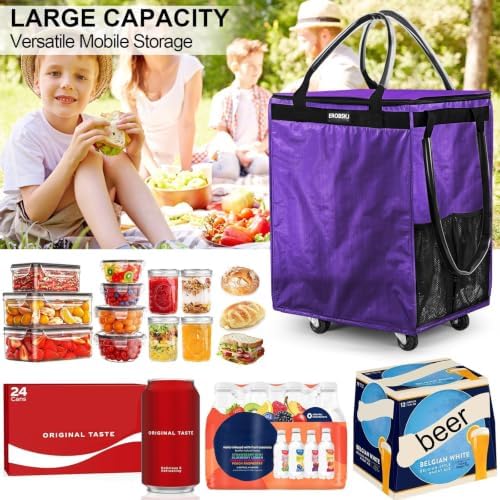 (Medium,Violet) Reusable Grocery Bag on Wheels, 70L Foldable Rolling Tote, Extra Storage for Shopping, Zipper Clouser Shopping Carts for Groceries, Laundry, Camping, Moving, 4 Heavy Duty Wheels - Image 6