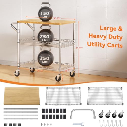 3 Tier Rolling Kitchen Carts on Wheels with Storage,650Lbs Heavy Duty Utility Carts with Wheels,Kitchen Island with Wood Tabletop,Metal Serving Rolling Cart for Small Appliance Food Cart,Wood+Metal - Image 3