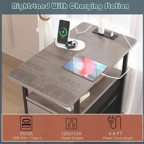 sthmec End Table with Charging Station, Side Tables Livingroom with USB Ports and Outlets,Narrow Nightstands Bedside Tables with 3 Drawers for Small Space,Slim Sofa Table Bedroom,Grey - Image 4