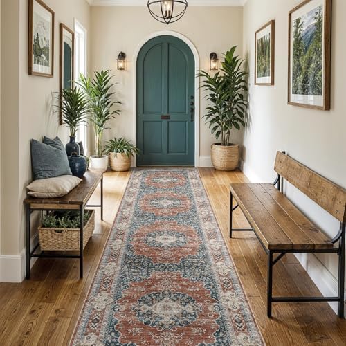 3x14 Runner Rug Washable Vintage: Non Slip Long Hallway Runners Brick/Blue by Ksrau