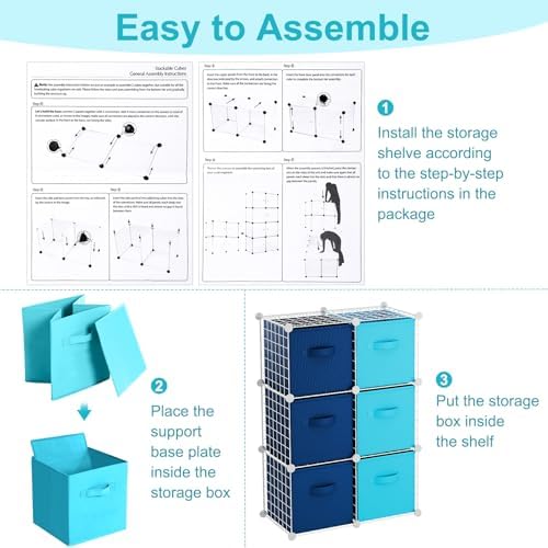 Leinuosen 6 Cube Storage Organizer with 6 Foldable Fabric Storage Bins, Metal Wire Grid Shelves, Stackable Modular Closet Organizer for Bedroom Living Room Office Toys Books(White,Blue) - Image 3