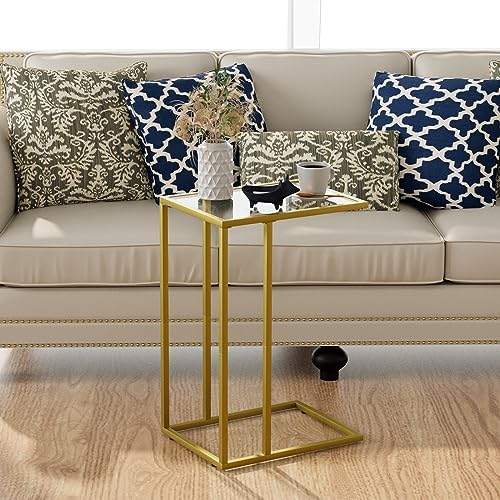 C-Shaped End Table, Side Table for Couch,Sofa Snack Table with Tempered Glass & Metal Frame,Small TV Tray Table for Small Space,Living Room, Bedroom, Bedside,Modern Style, Gold - Image 6