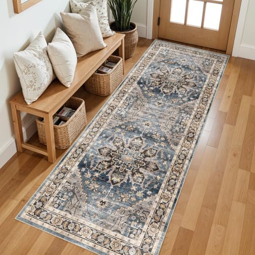 2x6 Washable Hallway Runner Rug - Non-Slip Backing Vintage Rugs Blue Gray - Image 3