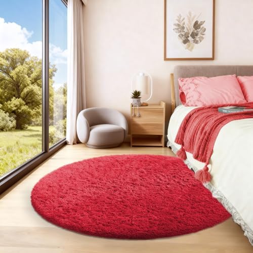 Ophanie Round Rug 4Ft Red Circle Area Rug, Christmas Room Decor, Aesthetic Nursery Bedroom Carpet, Fluffy Fuzzy Plush Soft Shaggy Living Room Rugs for Kids Boys Girls Home with 99 pcs Pile fibers - Image 5