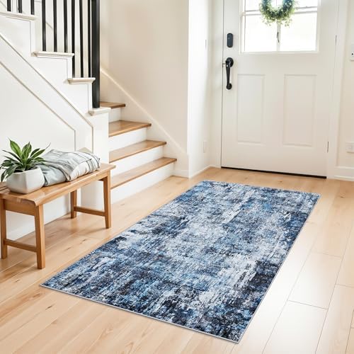 3x4 Washable Entryway Area Rug - Non-Slip Modern Small Indoor Mat for Bathroom,Living Room,Bedroom - Abstract Neutral Soft Low-Pile Throw Carpet with Rubber Backing（Blue） by ZHXXUJ
