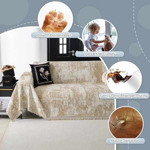 MYSKY HOME Sectional Couch Cover Khaki Geometric Abstract Sofa Covers for Sectional Sofa L Shape Chenille Couch Protector for Dogs Pets Couch Throw Cover Washable Durable for Home Decor, 91" X134" - Image 3