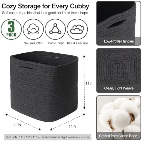 11x11x11 Cube Storage Bin - 3 Pack Woven Storage Cubes Organizer, 11 Inch Black Cotton Rope Baskets for Organizing, Square Baskets for Shelves, Nursery Closet Bins, Cubby Toy Box Organizer - Image 2