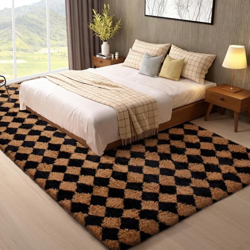 Ophanie 8x10 Black & Beige Diamond Checkered Rugs for Living Room Bedroom,Large Rhombus Fluffy Soft Fuzzy Area Rugs,Plush Shaggy Bedside Floor Carpet Kids Baby Dorm Decor with Over 99 pcs Pile fibers - Image 3