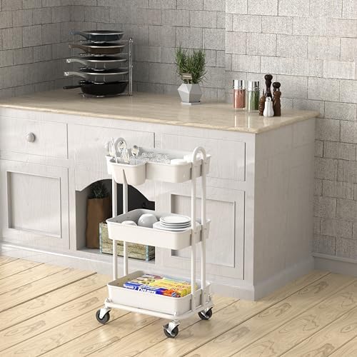 Simple Houseware 3-Tier Rolling Utility Cart with Hanging Bucket, White - Image 4