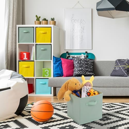 Stero Fabric Storage Bins 6 Pack Fun Colored Durable Storage Cubes with Handles Foldable Cube Baskets for Home, Kids Room, Closet and Toys Organization Cyan, Green, Yellow - Image 6