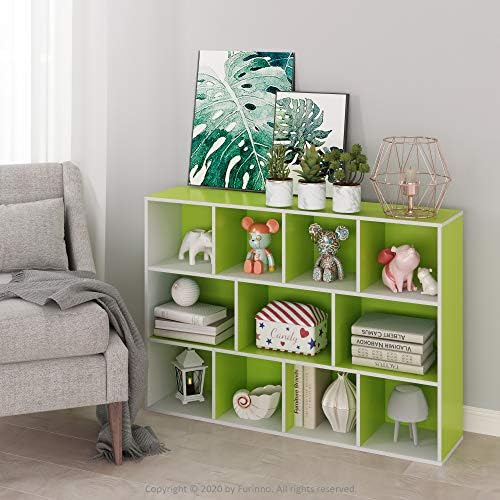 Furinno LUDER Book Shelf, 11-Cube Bookshelf, Reversible Bookcase, 9.4 x 29.1 x 41.7, Easy Assembly, for Living Room, Bedroom, Home Office, White/Green - Image 2