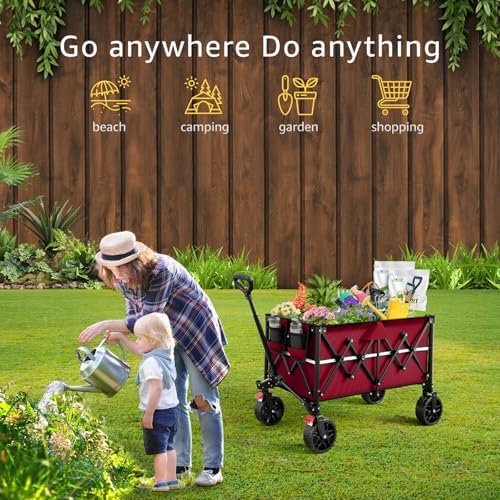 ROSONG Collapsible Wagon Cart with Wheels Foldable - Folding Utility Heavy Duty Wagons Carts for Grocery Sports Garden Shopping Camping Wheelbarrows (Burgundy, 150L) - Image 2