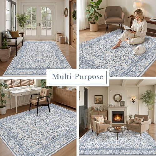 8x10 Area Rug Living Room: Soft Floral Washable Boho Carpet Blue - Image 5