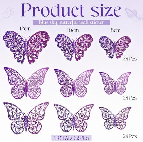 Bememo 72 Pieces 3D Butterfly Wall Decals Sticker Decal Wall Decor Art Decorative Sticker 3 Sizes for Room Offices Bedroom Bathroom Living Room Decor (K-pop Purple) - Image 3