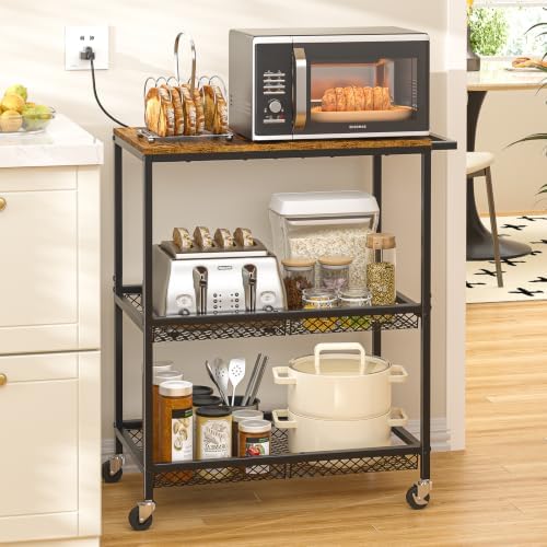 3 Tier Rolling Utility Kitchen Cart on Wheels, Heavy Duty Wire Rolling Cart with Wooden Top, Commercial Metal Serving Cart with Handle, Kitchen Island Food Storage Trolley for Laundry, Office, Garage - Image 3