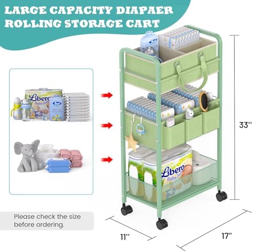 LIDTOP 2in1 Baby Diaper Caddy Organizer Cart, 3-Tier Rolling Cart, Metal Diaper Caddy Carts, Bedside Carts for Nursery Essentials Storage, Detachable Dividers, Large Capacity, Green - Image 2