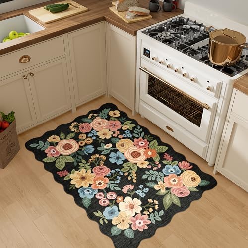 DUKINO 2x3 Rugs for Entryway, Floral Door Mat Washable Kitchen Rugs, Black - Image 5