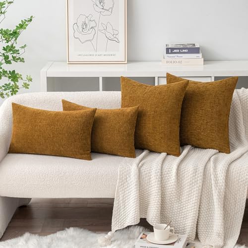 MIULEE Soft Chenille Throw Pillow Covers Mustard 18x18 Inch Pack of 2 - Image 4