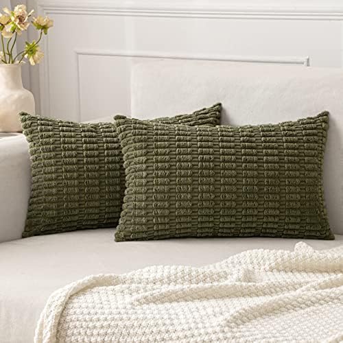 MIULEE Lumbar Corduroy Decorative Throw Pillow Covers 12x20 Olive Green by MIULEE