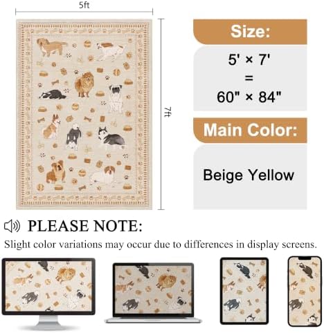 DUKINO 5x7 Area Rugs, Washable Dog Rug for Kids Room Non Slip, Beige Yellow - Image 2