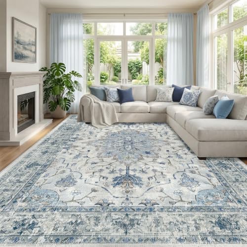 RELEANY Washable Area Rug, Large 10'x14', Blue/White/Gray by RELEANY